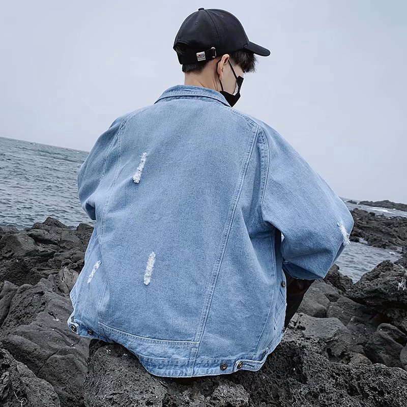 Ready Stock denim jacket Men's jackets Korean version Loose  student Shredded denim jacket