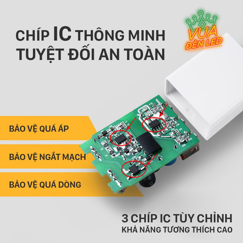 Cục sạc USB 5V 2A sạc nhanh an toàn, củ sạc điện thoại VUA ĐÈN LED 3 đầu USB tiện dụng bảo hành 1 năm