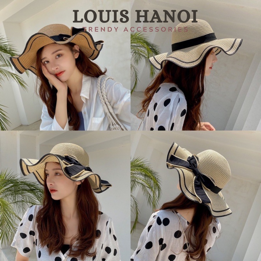 Mũ Cói Đi Biển Cho Nữ Louis Hanoi - Nón Cói Vành Rộng, Lượn Sóng, Nơ Kép Phong Cách Hàn Quốc