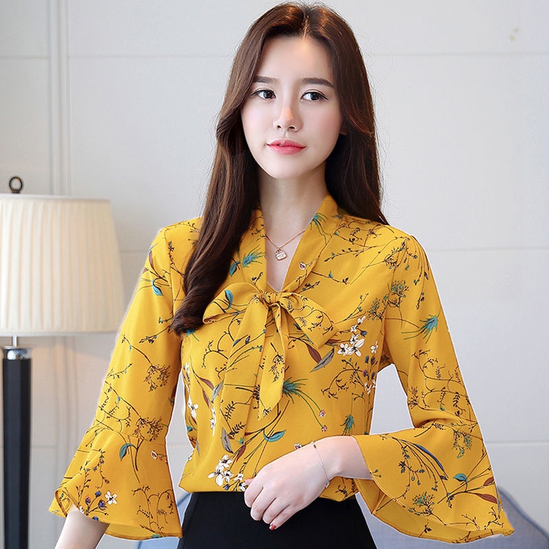 Áo Sơ Mi Chiffon Plus Size Ống Tay Loe In Họa Tiết Thời Trang Cho Nữ