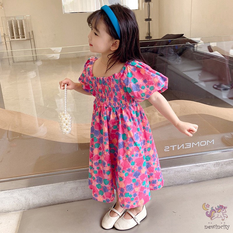 Đầm Công Chúa Tay Phồng Ngắn In Hoa Kiểu Hàn Quốc Thời Trang Mùa Hè Cho Bé Gái