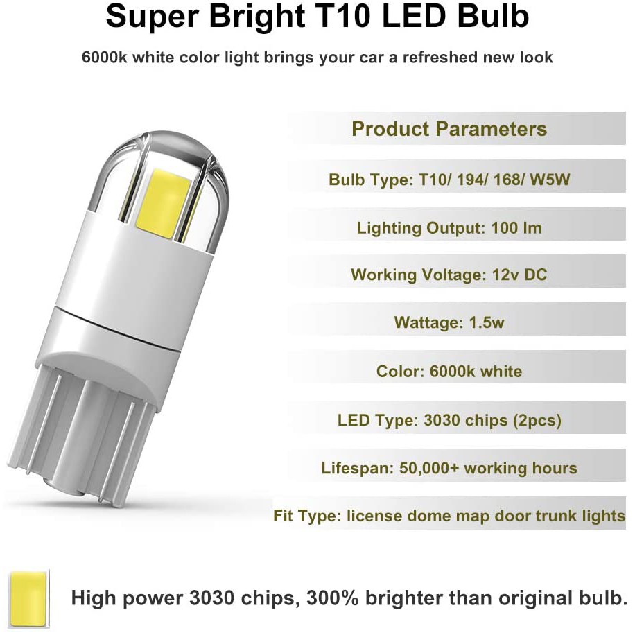 Đèn Led T10 Thủy Tinh Dùng Thay Thế Led Bulb Demi, Đèn Mặt Đồng Hồ Xe Máy, Light Sương Mù, Xi Nhan 2 Mắt Chip 3030 COB