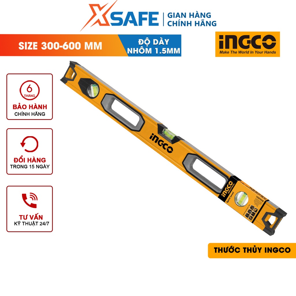 Thước thủy nhôm cao cấp INGCO kích thước 300-600mm, độ dày nhôm 1.5mm dùng để đo độ thăng bằng