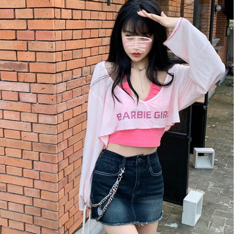 Set áo len dài tay gồm áo khoác mỏng GIRL mix áo 2 dây chất len dệt kim QC