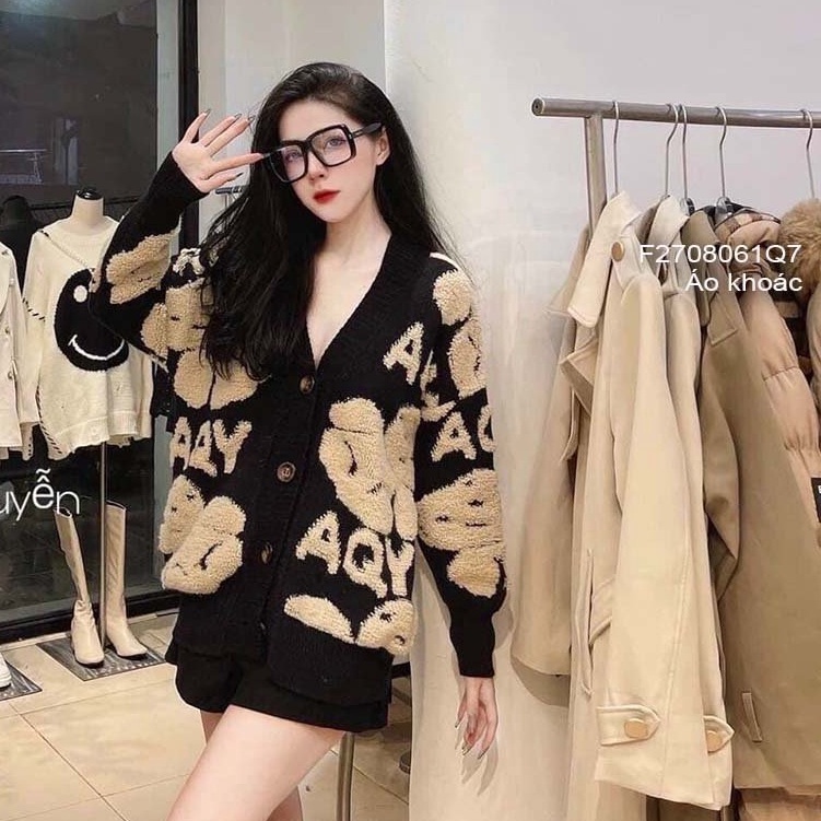 Áo khoác len cardigan gấu gài nút cổ tim form rộng tay dài thời trang!