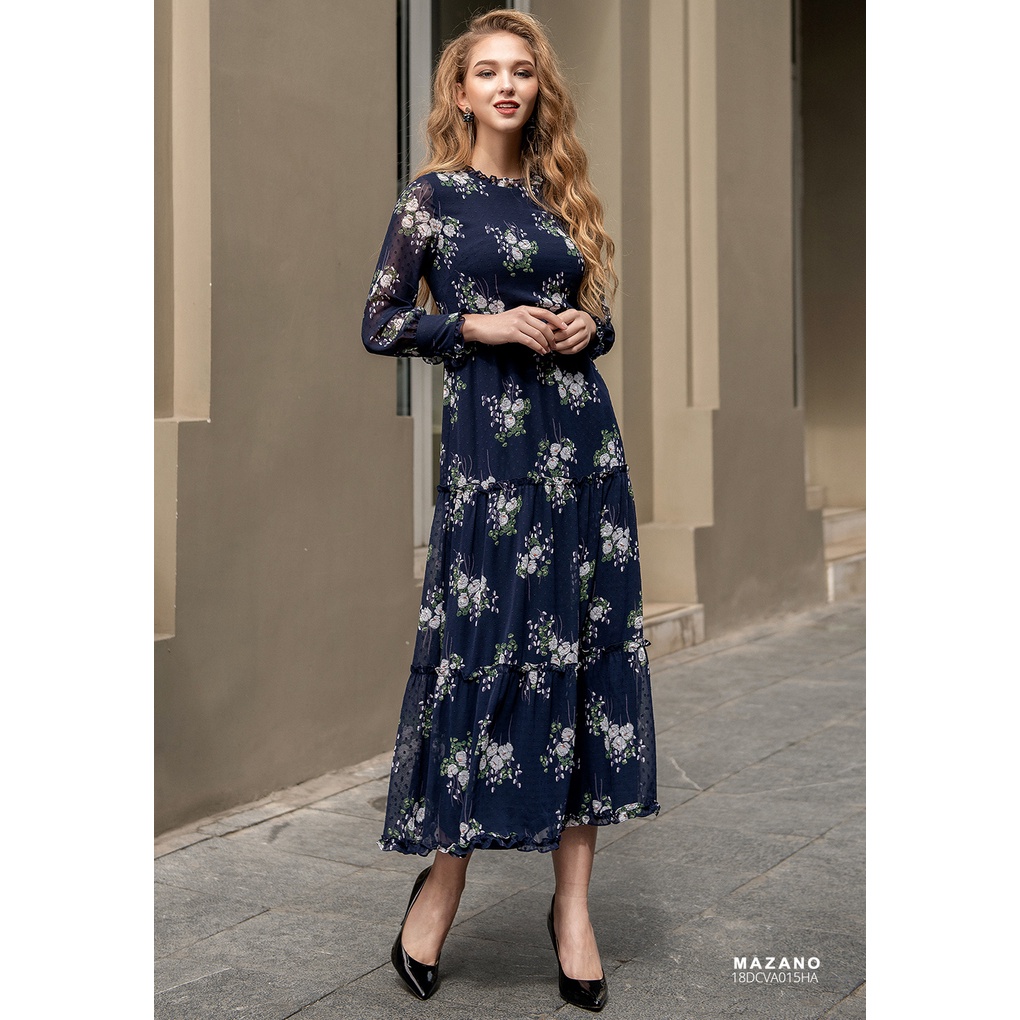 Váy hoa xanh dài nhún bèo MAZANO MS 18DCVA015HA