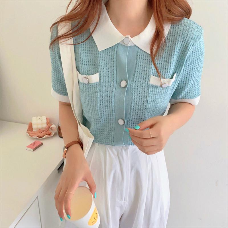 Summer Ice Silk Knitted T-shirt Short-sleeved Thin Ladies Polo Collar Bottoming Cardigan All-match Temperament Top