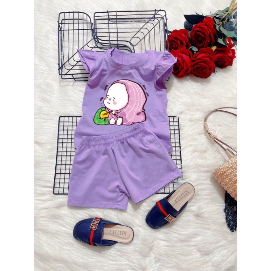 ( Km ) ( Khuyến mãi ) Combo 3 Bộ đồ bé gái tay nhúng bèo hình thỏ choang khăn tím và vịt vàng cho bé gái từ 6kg đên 29kg