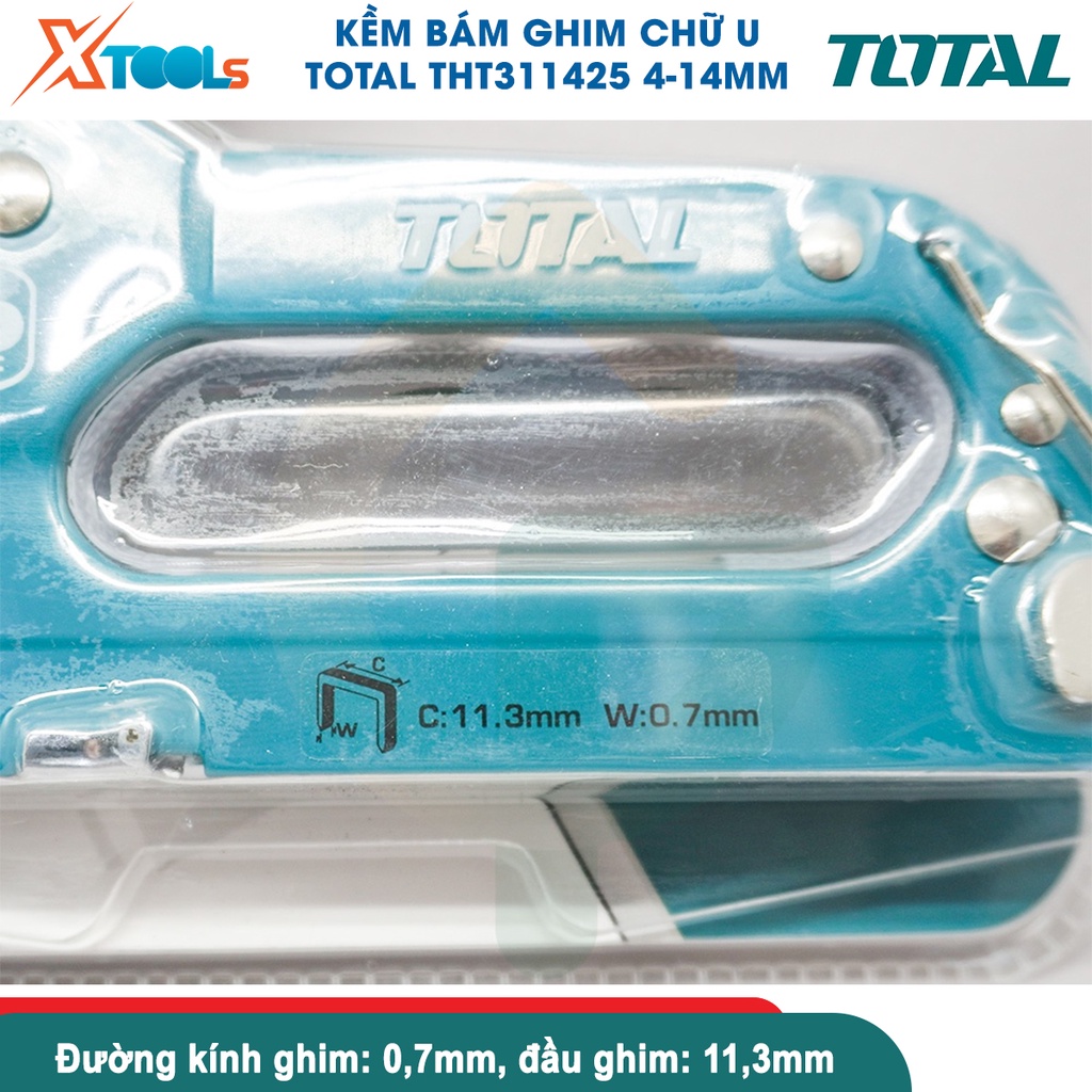 Kềm bấm ghim chữ U TOTAL THT311425, Kìm bấm ghim 4 - 14mm, đường kính ghim 0.7mm, đầu ghim 11.3mm [CHÍNH HÃNG][XTOOLS]