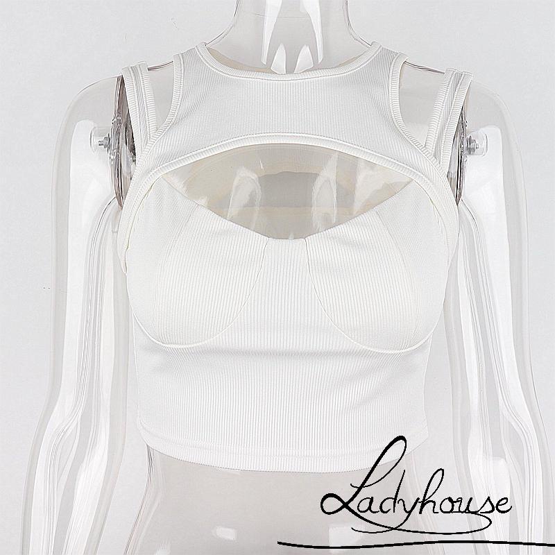 Áo Croptop Không Tay Cổ Tròn Màu Trơn Thiết Kế Khoét Lỗ Thời Trang Cho Nữ