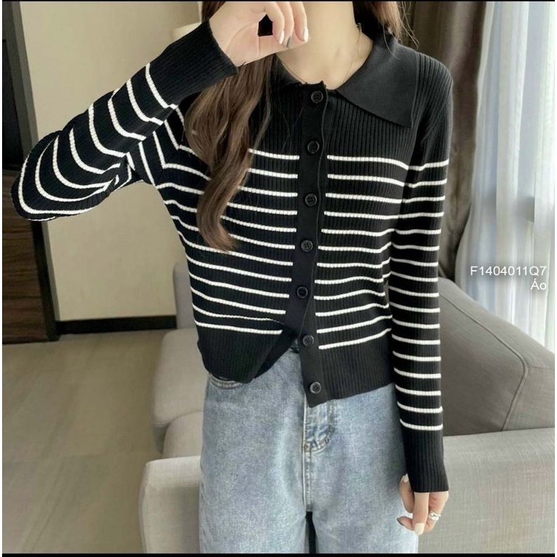 Áo len nút kẻ sọc cổ bẻ gài nút tay dài hàng Quảng Châu 1404