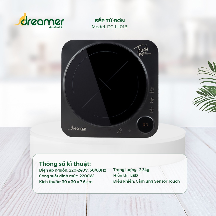 Bếp Từ Đơn Dreamer DC-IH01 Đen 2200W, Chống Tràn, Cảnh Báo Nhiệt Dư, Khóa Trẻ Em, Bảo Hành 12 Tháng-
