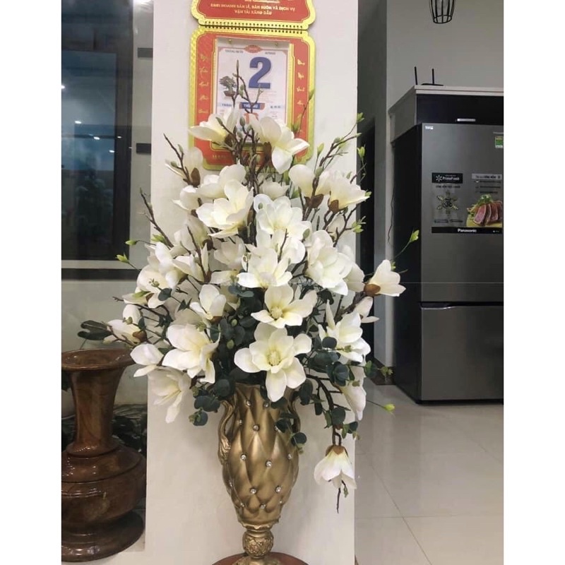 Hoa giả- Hoa Mộc Lan 5 bông Silicone cao cấp loại dài 90cm- Hoa mộc lan cao cấp-Trang Trí Phòng Khách, sự kiện, nhà hàng