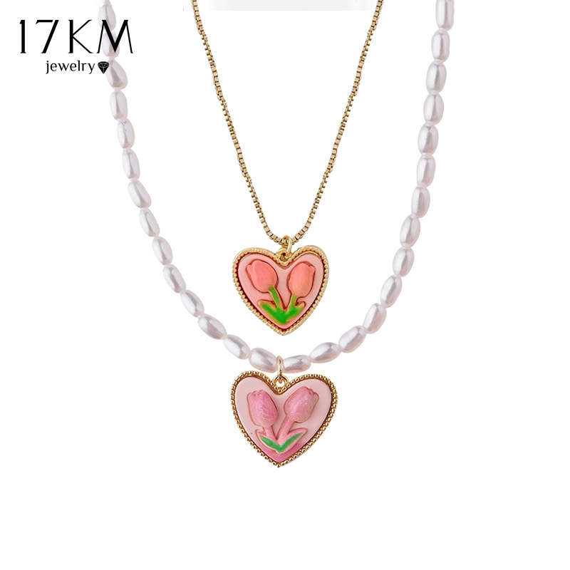 Vòng cổ/ Đôi bông tai 17KM mạ vàng hình hoa tulip đính ngọc trai giả xinh xắn