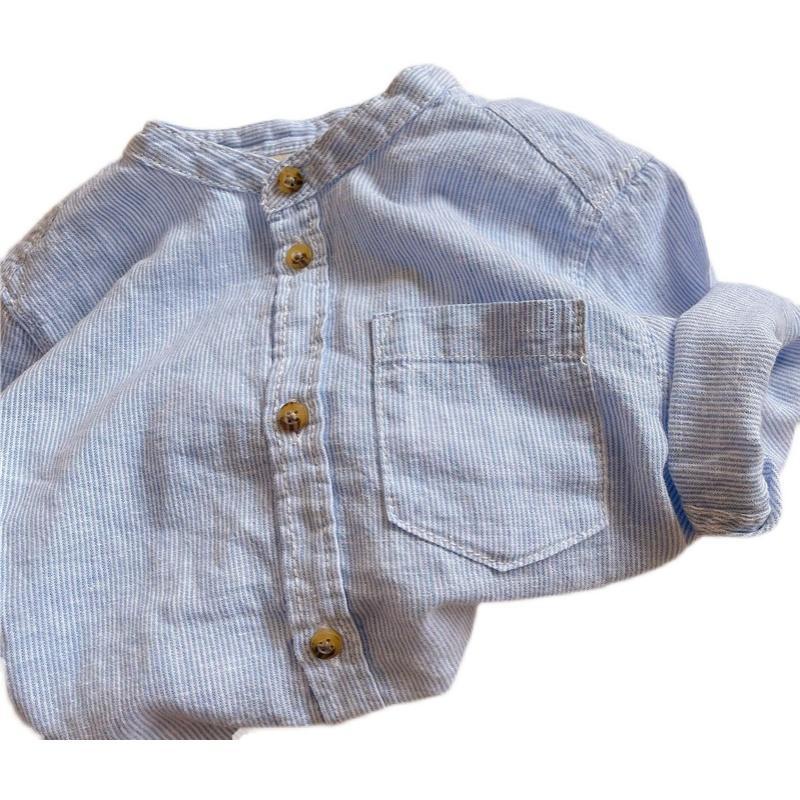 Áo Sơ Mi Cotton Cổ Đứng Tay Cộc Họa Tiết Kẻ Sọc Thời Trang Mùa Hè 2021 Cho Bé Trai Và Bé Gái