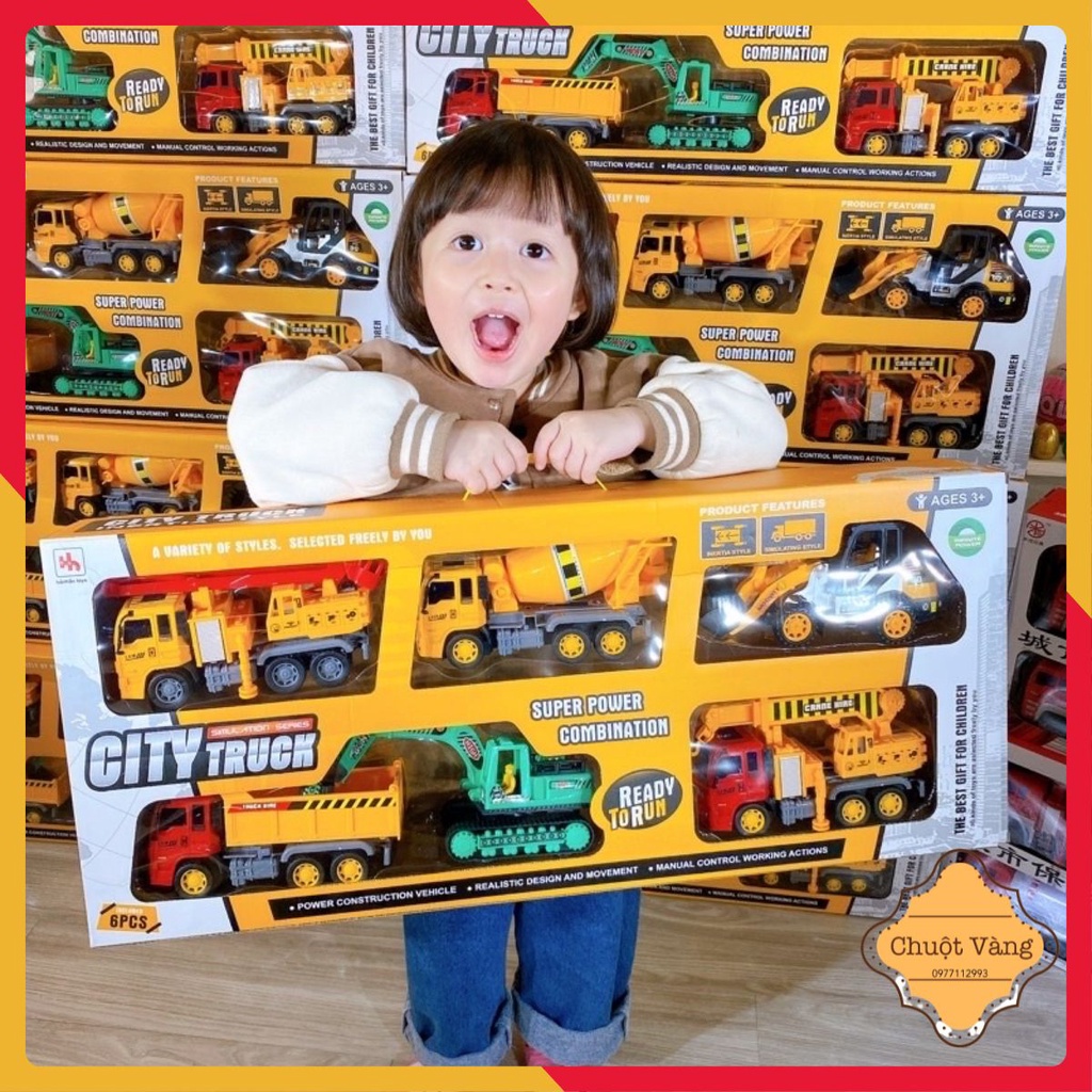 Bộ 6 xe đồ chơi ô tô xe tải , máy xúc , máy cẩu , xe trộn , xe công trình xây dựng cỡ lớn cho trẻ em