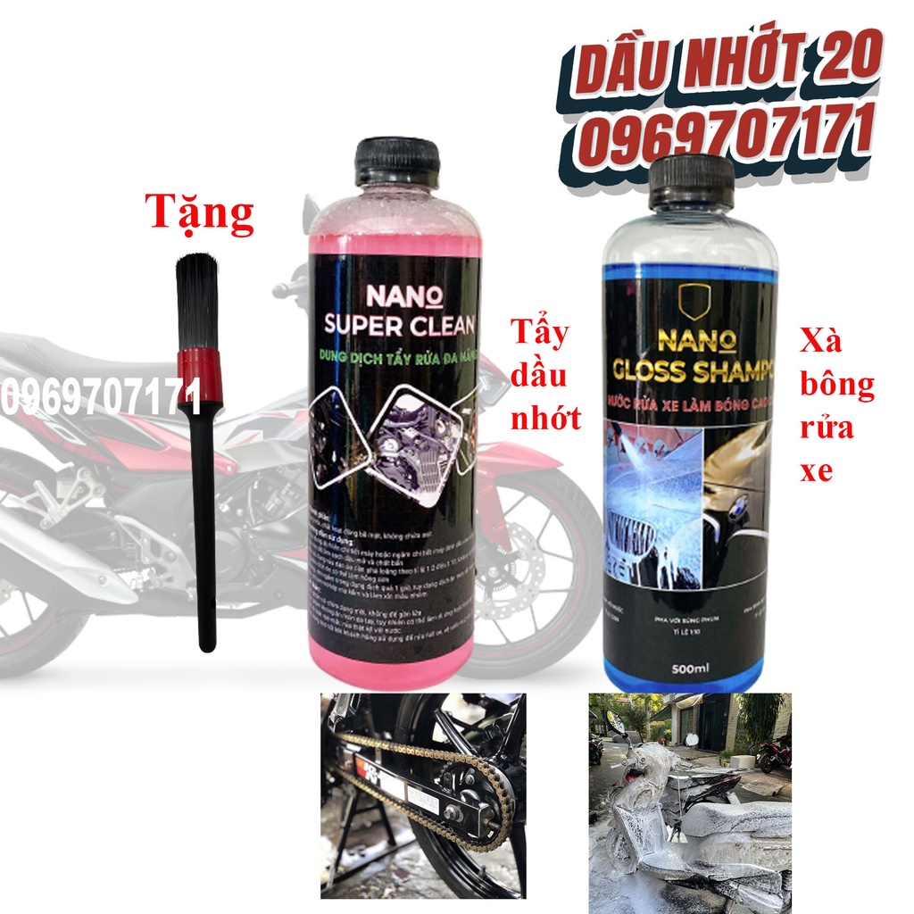 [TẶNG CỌ RỬA] COMBO 3 CHAI TẨY NHÔM, TẨY NHỚT, RỬA XE XÀ BÔNG NANO CHUYỂN TẨY RỬA LÓC MÁY, TẨY RỬA HỢP KIM NHÔM, RỬA SÊN