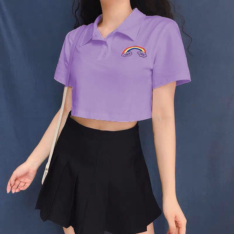 Áo croptop cổ bẻ thêu cầu vồng mẫu mới cực xinh, áo thun nữ , ngang eo, áo croptop cổ trụ ( kèm ảnh thật)