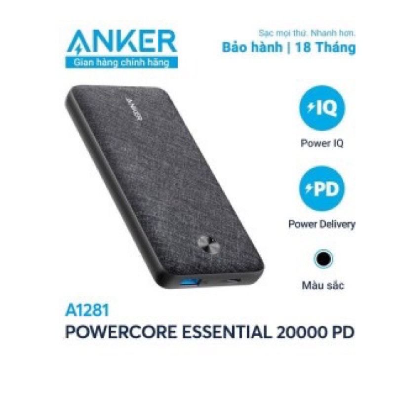 Pin sạc dự phòng Anker A1281 PowerCore Essential PD 20000mAh 18W USB-C Power Delivery + PIQ2.0