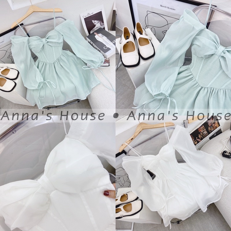 HÌNH THẬT - Đầm voan 2 dây rớt vai nơ ngực tay dài