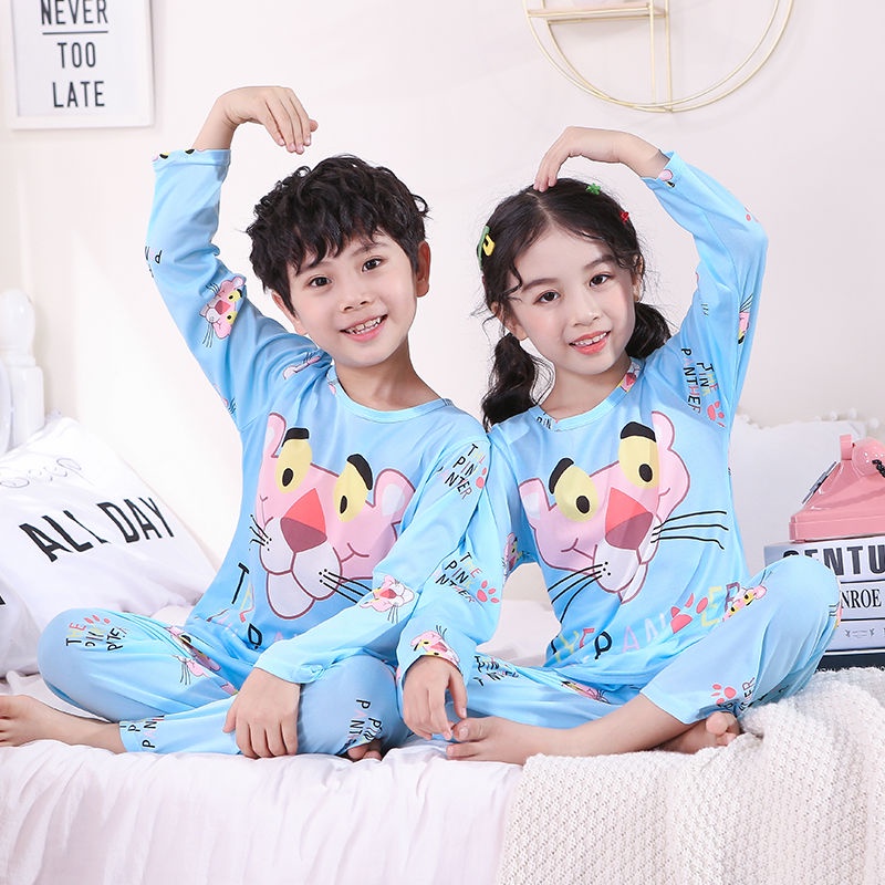 Set quần áo ngủ bé trai tay dài cổ tròn thoải mái in họa tiết hoạt hình thời trang mùa hè