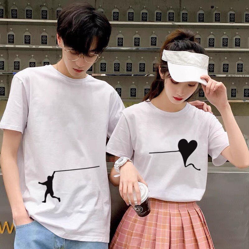 Áo thun (áo phông) cặp đôi dáng unisex Couple Ciu cho nam nữ - Họa tiết người thả diều tim, màu trắng