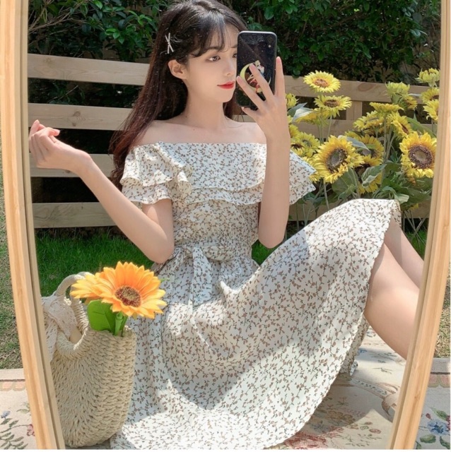 Đầm bẹt vai thắt nơ eo ulzzang hàn quốc