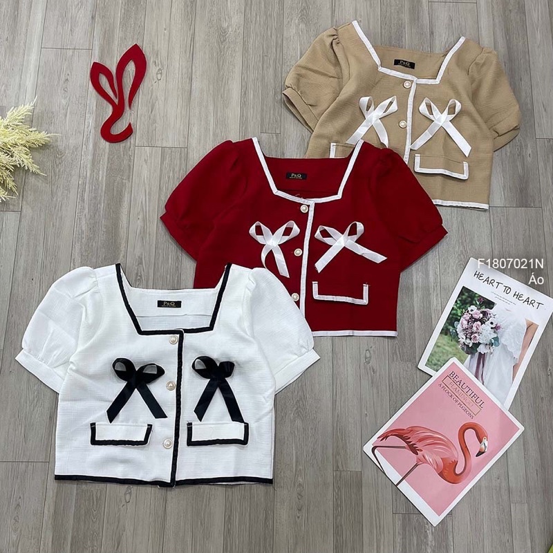 Áo nút croptop phối viền đắp xịn sò túi nắp đính nơ cổ vuông