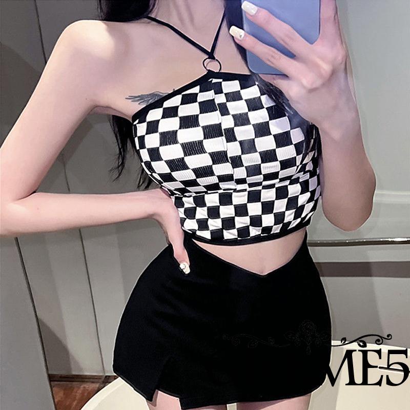 Áo Lửng Hai Dây Hở Rốn In Họa Tiết Bàn Cờ Kim Loại Thời Trang Dành Cho Bạn Nữ