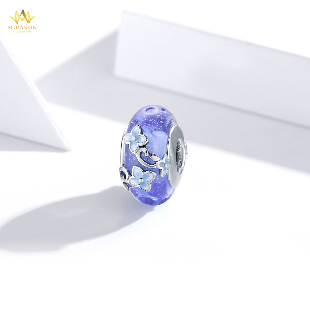Charm Bạc 925 MIRASON Tròn Đá Xanh Mix Hoa Lá MCH008