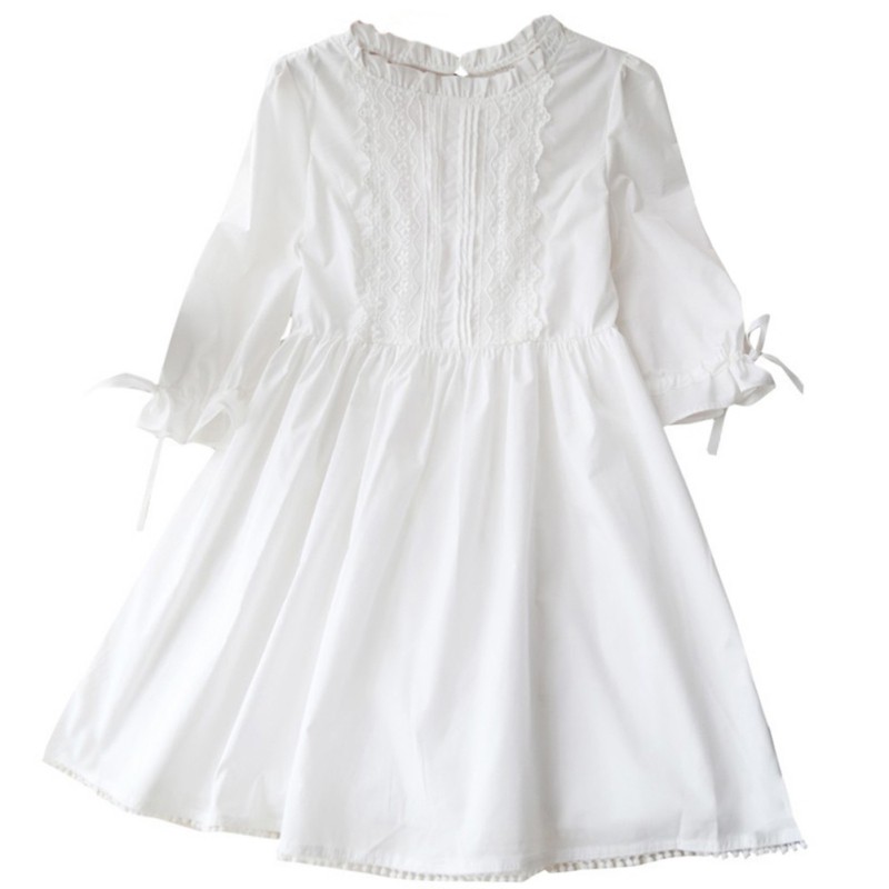 [Baywellfashion]Women Sweet Japanese Lace Dress Solid Color Strap Long Sleeve Tie Straps Casual Skirt White | BigBuy360 - bigbuy360.vn