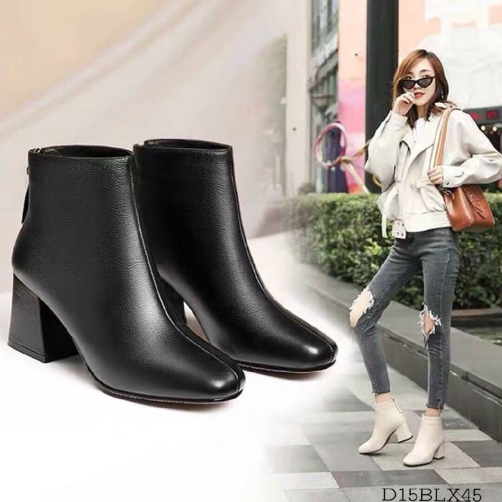 Bốt nữ cổ lửng chất da, Giày Boot Nữ Công Sở Gót Vuông Khóa Sau Da Sần và Da Lì (Dây dài) | BigBuy360 - bigbuy360.vn