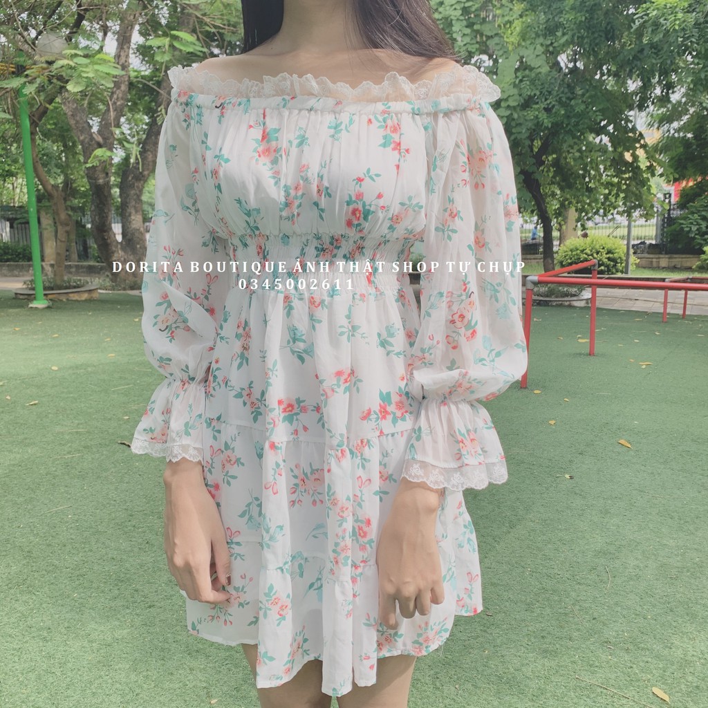 Váy hoa nhí vinatage, Váy hoa nhí trễ vai tay bồng - Dorita Boutique