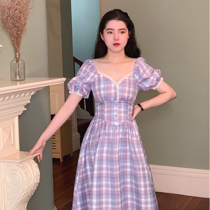 Purple Plaid Lace Temperament Dress French Retro High Waist Show Plaid Dress Mid-length Elegant Dress