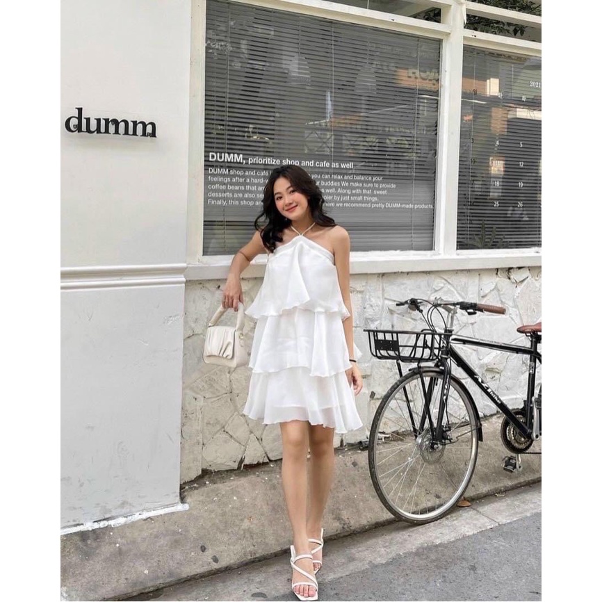 Đầm trắng cổ yếm xòe tầng chất voan lụa đầm dự tiệc sang trọng - 3 tầng voan