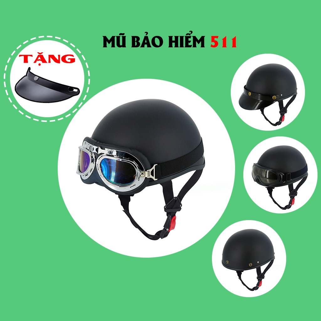 Mũ bảo hiểm nửa đầu 1/2 - MÀU ĐEN NHÁM CAO CẤP LỒNG ẾP - khóa đỏ (TẶNG LƯỠI TRAI)