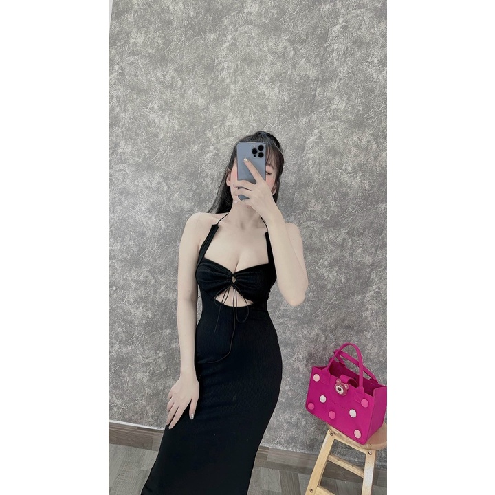 Đầm body 2 dây gân dáng dài rút ngực , khoét eo sexy