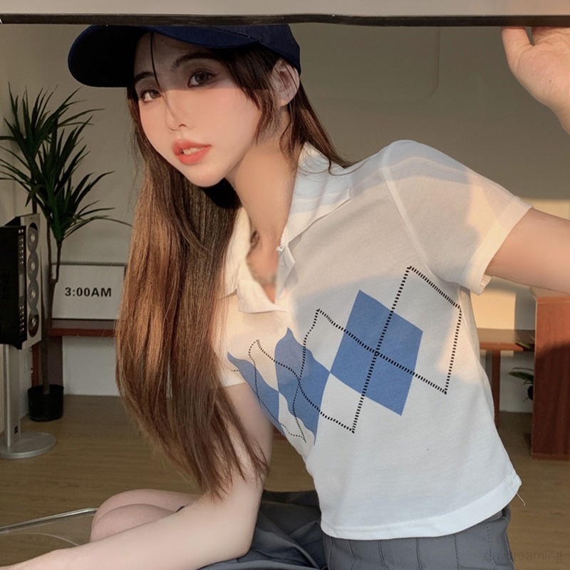 Áo Croptop Ngắn Tay Họa Tiết Hình Thoi Thời Trang Cho Nữ