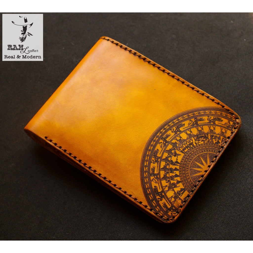 Ví nam da bò RAM Leather Khắc Trống Đồng Việt Nam Da Bò Italia Vegtan Màu Vàng