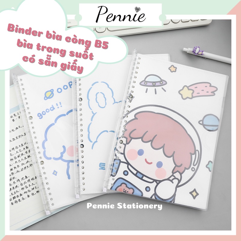 Binder sổ còng B5 Pennie dễ thương lỗ còng trong suốt có sẵn giấy để ghi chép học tập