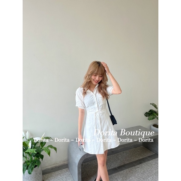 Váy sơ mi đũi trắng buộc, Đầm sơ mi CUT OUT lưng Hàn Quốc | BigBuy360 - bigbuy360.vn