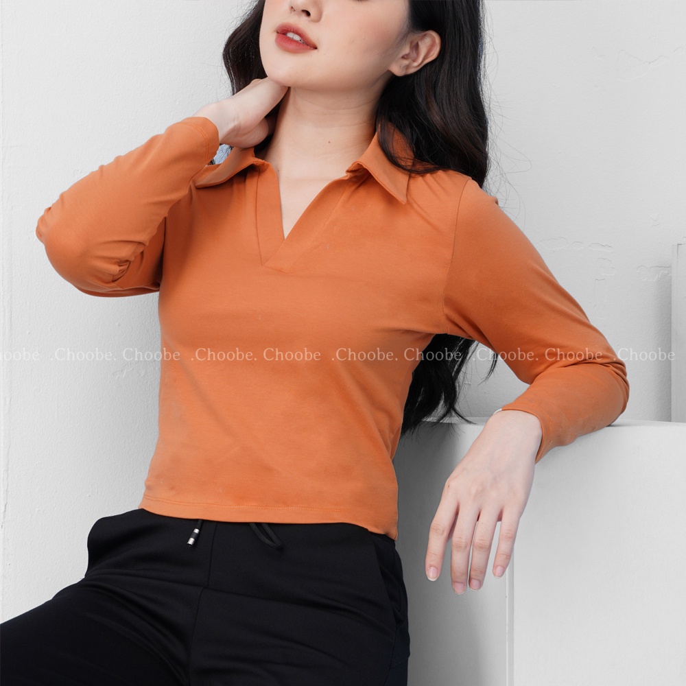 Áo croptop Choobe nữ dài tay có cổ vải cotton co giãn thoáng mát crotop thun đẹp A39