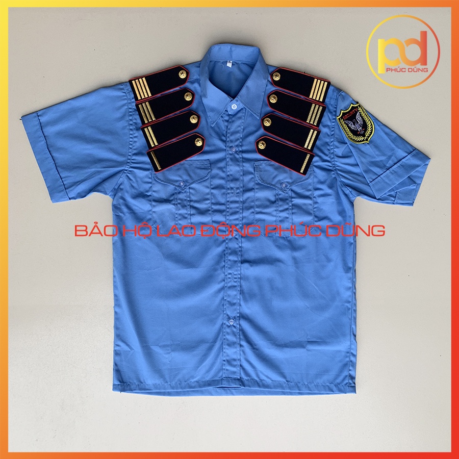 Combo Áo Đồng Phục Bảo Vệ Xanh Biển Ngắn Tay Đi Kèm Cầu Vai Gạch Đồng nền xanh đen sang trọng chuyên nghiệp