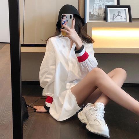 Áo sơ mi cotton dáng dài kẻ sọc phong cách hàn quốc thời trang xuân thu dành cho nữ 2021