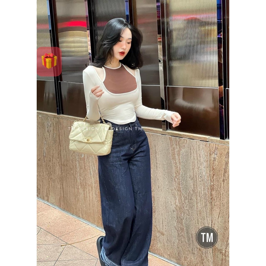 Áo kiểu tay dài khoét vai kiểu yếm phối 2 màu cực hot , chất thun gân mềm mịn
