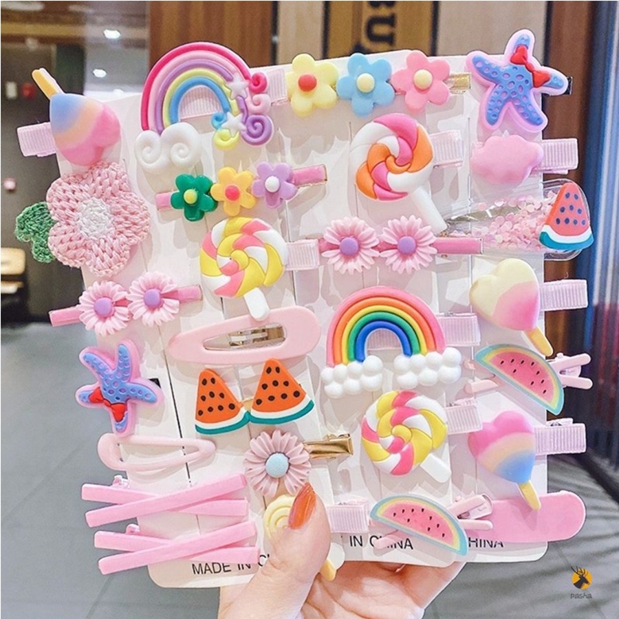 Kẹp tóc cho bé gái tiêu thơ nhiều kiểu nữ tính sang trọng nhiều màu sắc cầu vòng Set 14 kẹp kiểu MOMMAX KIDS cho bé gái