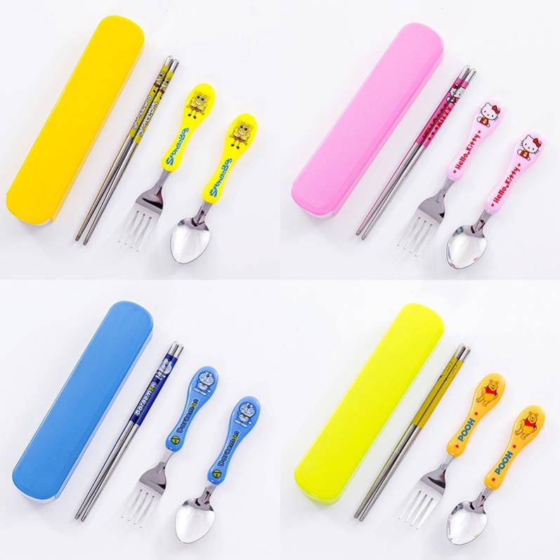 Set 3 món đũa muỗng nĩa bằng thép không gỉ hình hoạt hình dễ thương cho bé - kèm hộp đựng