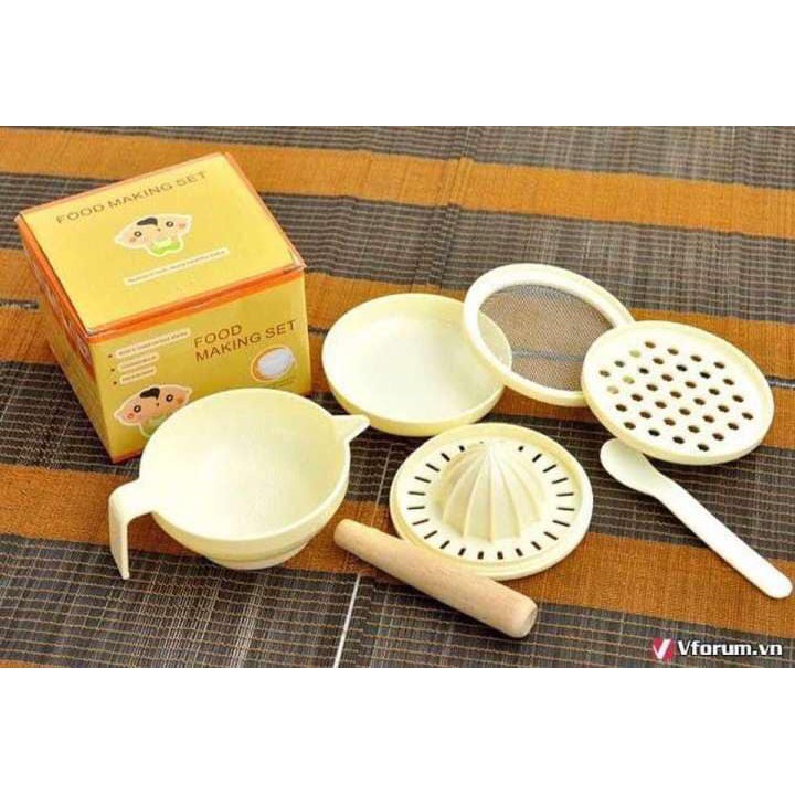 Bộ Chế Biến Đồ Tập Ăn Dặm Cho Bé Sơ Sinh 7 Món Có Rây, thìa, chén, chày  gỗ BABY FOOD MAKER