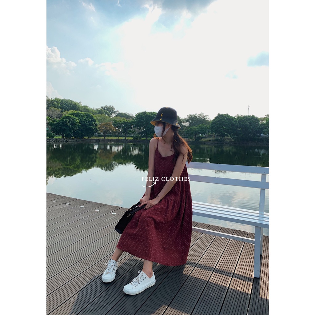 Đầm hai dây hoa nhí màu đỏ mận chất xô muslin cực fresh