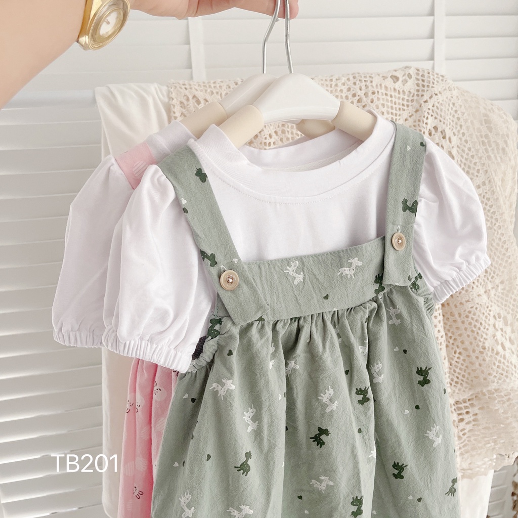 Váy Yếm Hoa Cho Bé Gái, Sét Yếm Hoa Nhí Kèm Áo Thun Trắng Vintage Cho Bé